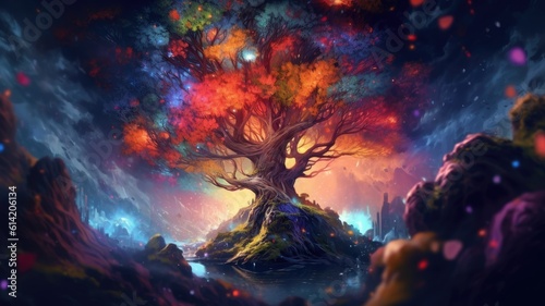 Beautiful illustration of a huge mystical tree in a fantasy world. Generative AI. © Tuyres