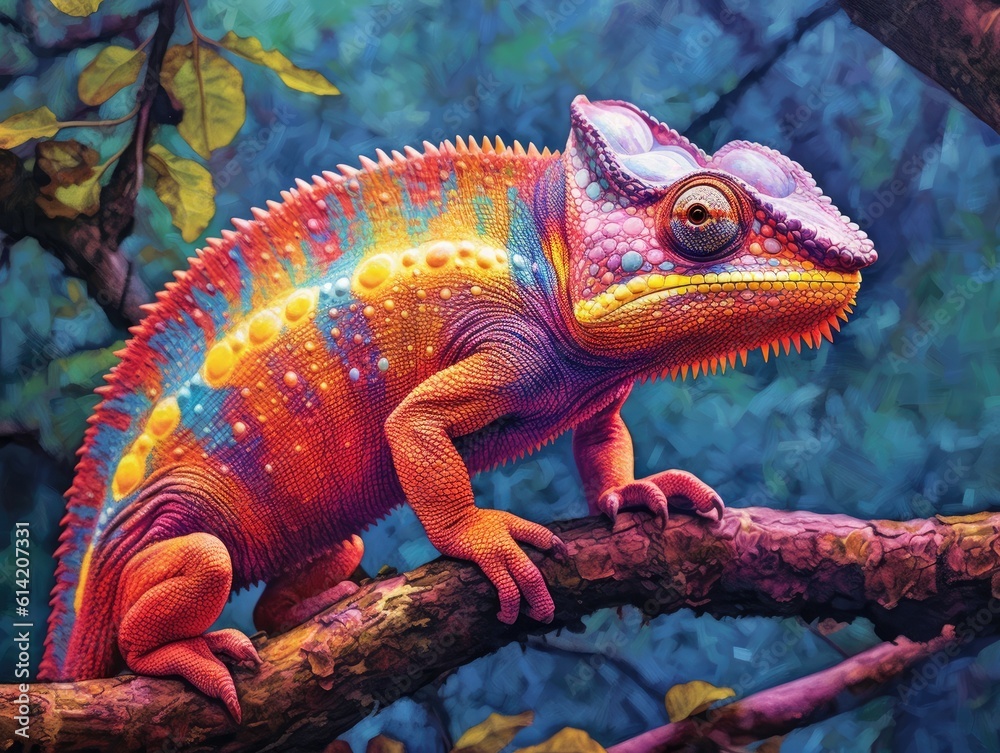 Colorful chameleon on a branch. Generative AI.
