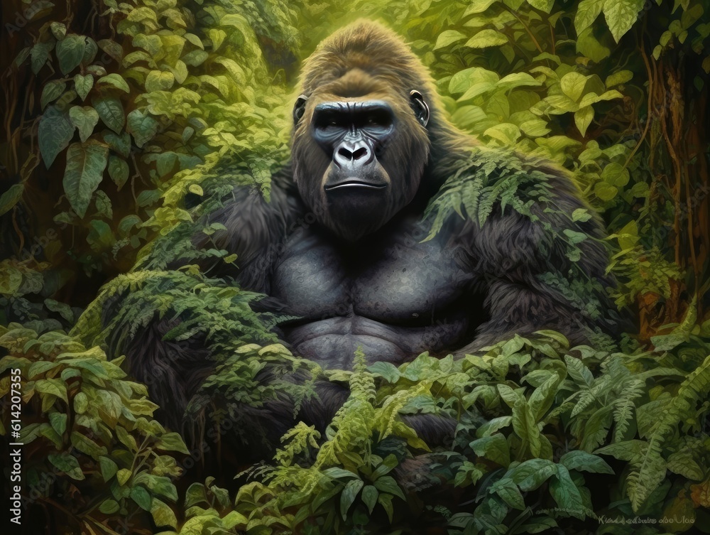 Seated serious gorilla. Generative AI.