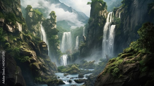 Mystical mysterious forest with a waterfall. Generative AI. © kept