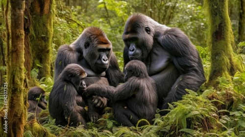 Seated family gorillas. Generative AI.