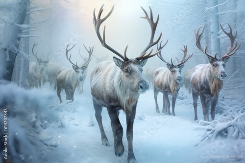 A flock of snow deer in the forest. Generative AI. © kept