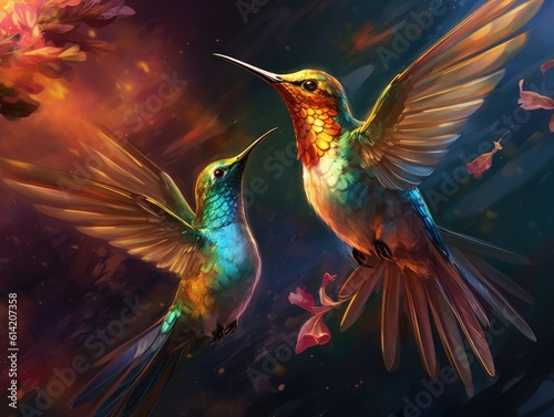 Two beautiful hummingbirds. Generative AI.
