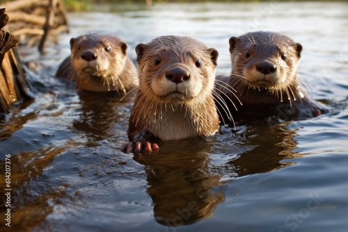 Cute otters peeking out of the water. Generative AI. © kept
