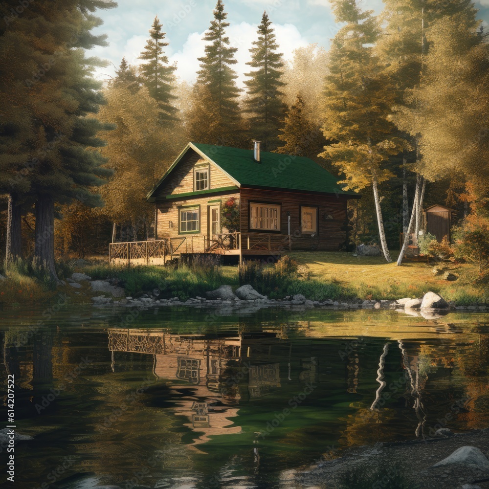Fototapeta premium Abstract landscape of a mysterious house in the forest. Generative AI.