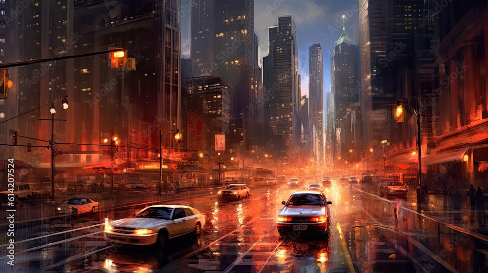 Modern city in which it is raining. Generative AI.