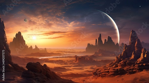 Beautiful landscape of the mysterious planet of the future. Generative AI.