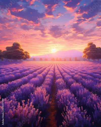 Landscape field of purple flowers. Generative AI.