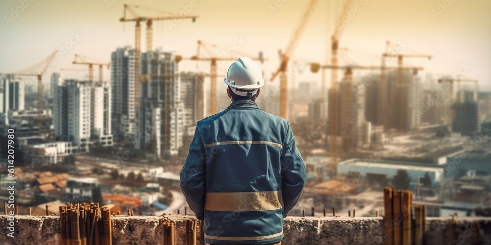 Engineer in a construction uniform on the background. Generative Ai Engineer in a construction uniform on the background. Generative Ai