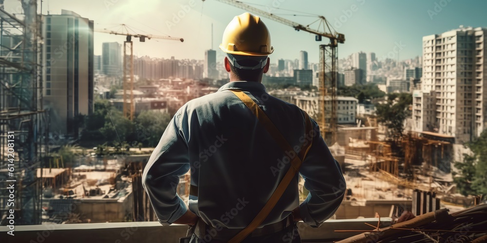 Engineer in a construction uniform on the background. Generative Ai Engineer in a construction uniform on the background. Generative Ai
