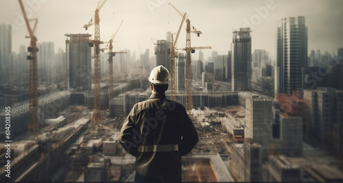 Engineer in a construction uniform on the background. Generative Ai