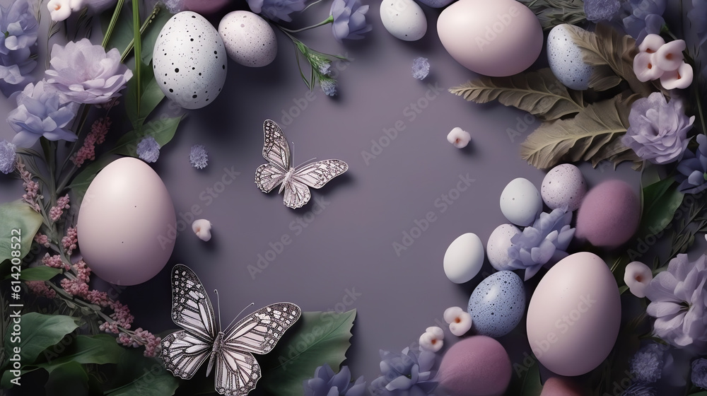 Blank free space in the middle surrounded by easter color purple butterfly grey background, AI Generated Art. Blank free space in the middle surrounded by easter color purple butterfly grey background, AI Generated Art.