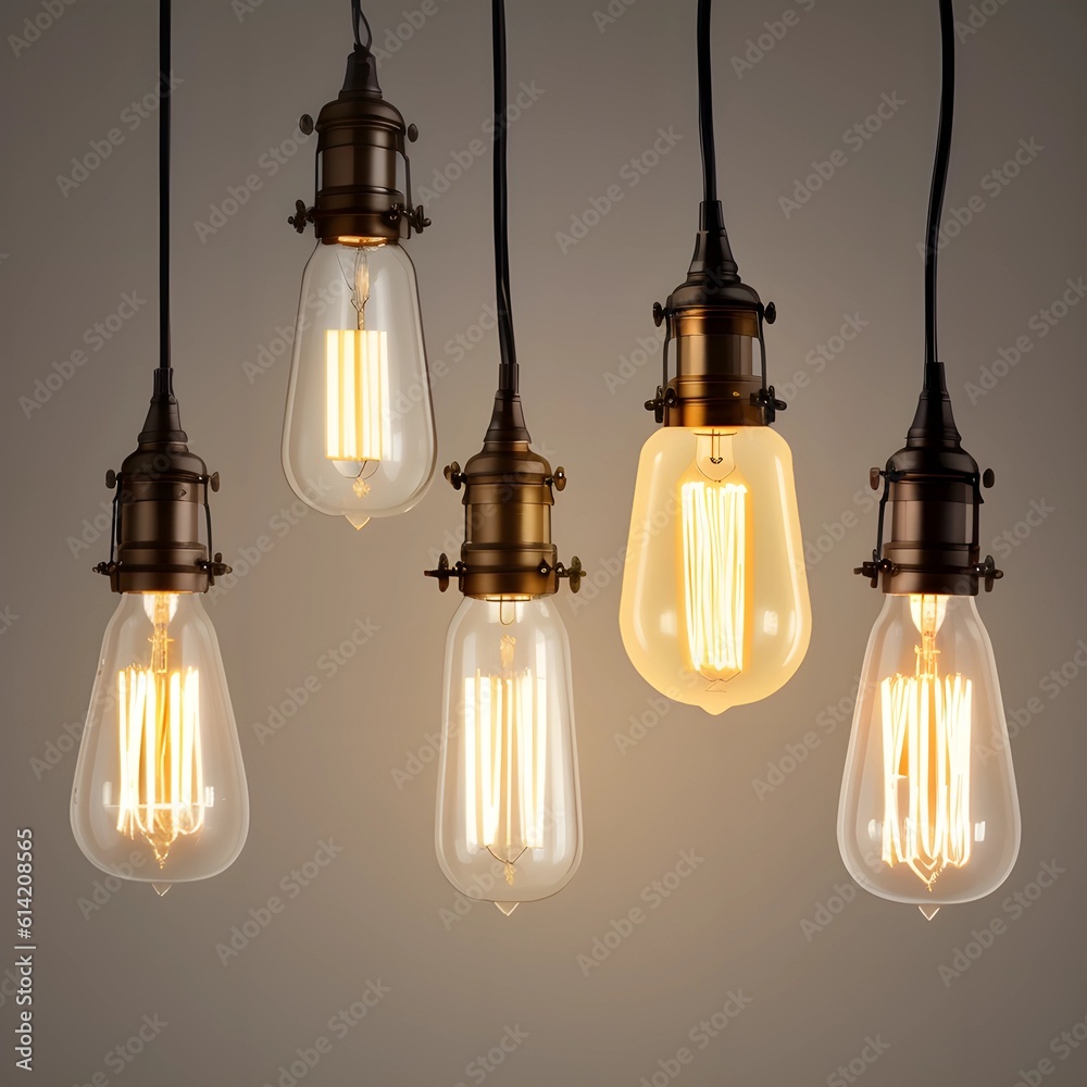 Decorative antique Edison style light bulbs, different shapes of retro lamps on dark background. Interior design decoration details. Set of vintage glowing light bulbs, loft interior. Steampunk