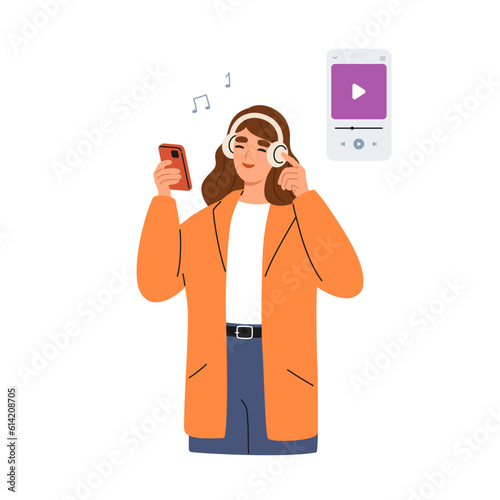 Woman listening to music in wireless headphones.