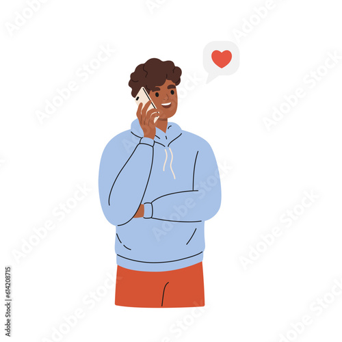 Guy talking with lover using mobile phone. Man chatting on cellphone with partner.