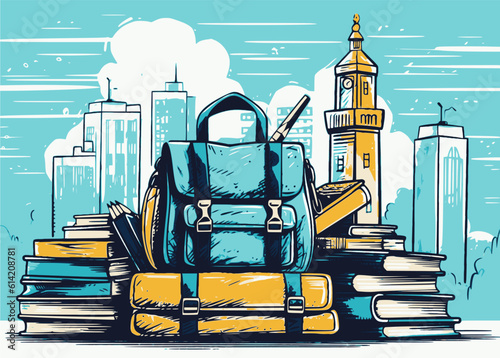 Back to school, school bag an books in front of city sky line