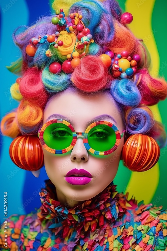 Illustration of a stylish woman in a colourful dress and sunglasses, whimsical colourful hair, created with generative AI created with Generative AI technology
