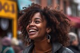 A cheerful black woman on street. Generative ai