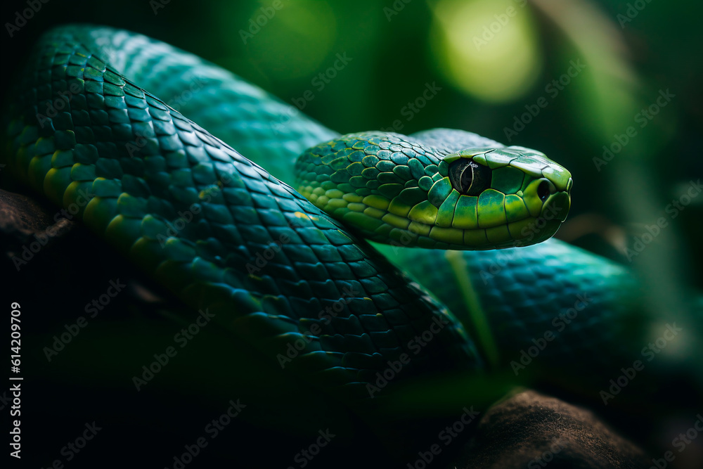 Green big snake close up in nature. Green tree python. Generative AI Green big snake close up in nature. Green tree python. Generative AI