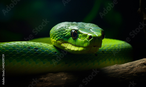Green big snake close up in nature. Green tree python. Generative AI