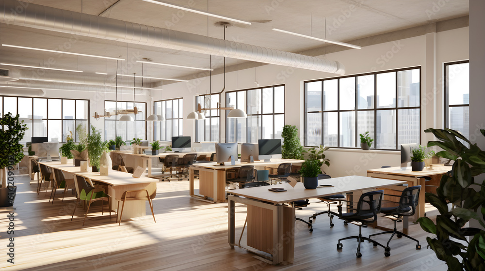 A modern open-plan office with abundant natural light, minimalist decor, and collaborative workstations alternate