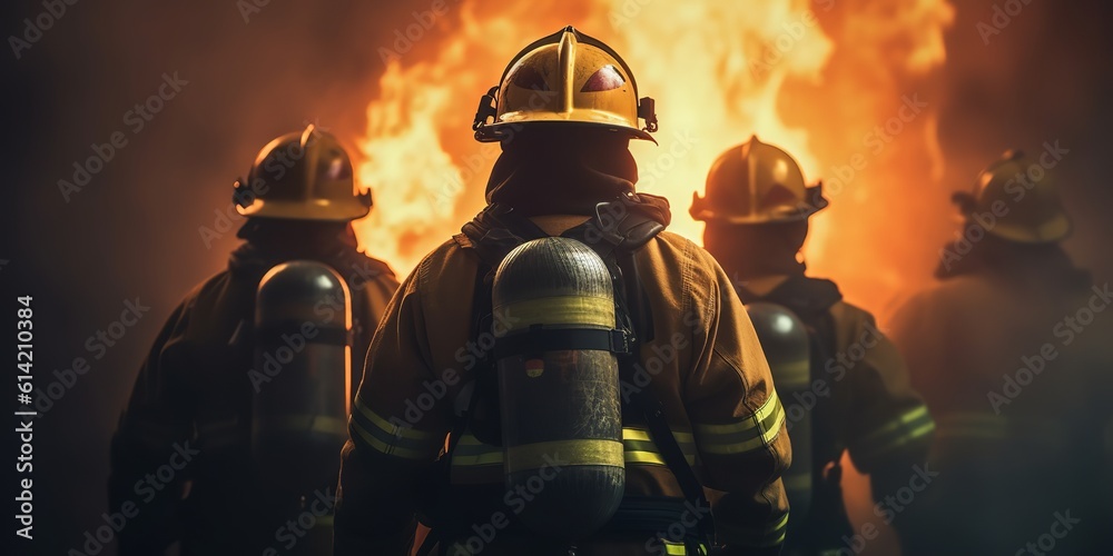 Group of firefighters fighting a fire. Generative Ai Group of firefighters fighting a fire. Generative Ai