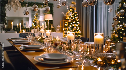 Capturing a modern Christmas atmosphere during a family gathering. Shiny metallic surfaces and a Christmas table centerpiece catch the eye  illuminated by bright ceiling lights in the evening.
