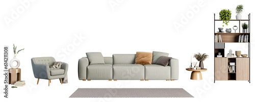 Sofa and tables on white background 