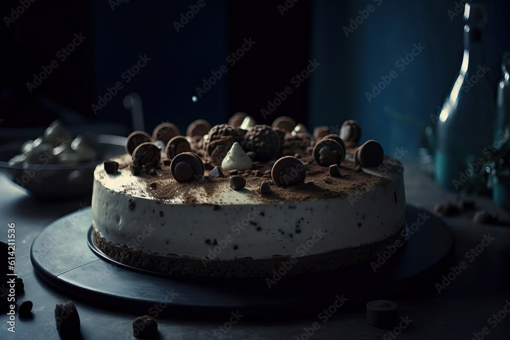 Middle shot of vanilla chocolate hazelnut cheesecake food,chocolate cake with nuts,chocolate cake with nuts and raisins