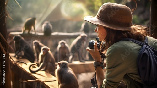 Handsome volunteer woman worker watching rescued monkeys, shooting with camera, sunset jungle forest landscape, freedom, exotic, south America, wildlife preservation, help, protecting, AI Generated.