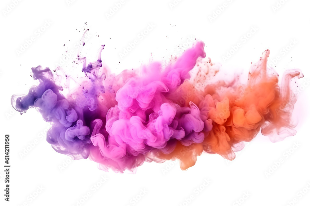 Abstract colorful smoke, pink, blue, orange, and purple smoke bombs isolated on the white background. Abstract colored background, created with Generative AI technology