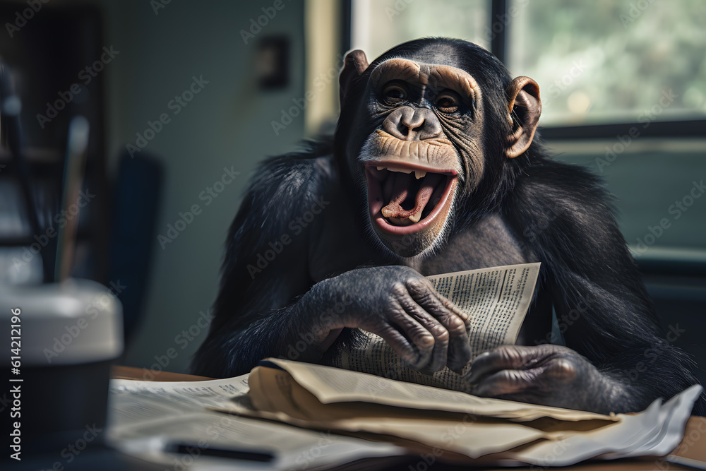Chimpanzee jocko primate reads a newspaper and smiles cheerfully laughs at the workplace at the table in the office. Generative AI. Chimpanzee jocko primate reads a newspaper and smiles cheerfully laughs at the workplace at the table in the office. Generative AI.