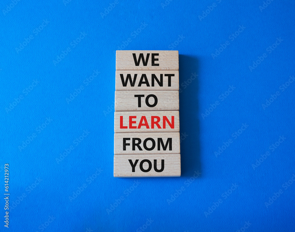Obraz premium We want to learn from you symbol. Wooden blocks with words We want to learn from you. Beautiful blue background. Business and We want to learn from you. Copy space.