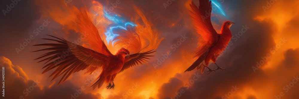Obraz premium Fairy birds flying in sky. Their wings, elegantly spread, reveal intricate patterns and delicate textures. Concept of mystical energy, magic and wonder. Sense of awe and fascination. Generative AI