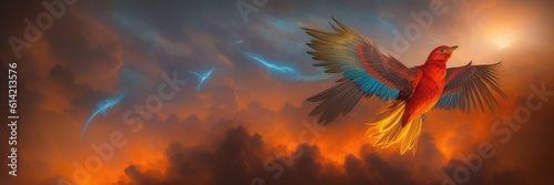 Fairy birds with fire-red feathers and wide wings, gracefully outstretched with intricate patterns against backdrop of mystical dreamlike dramatic sunset.Vibrant plumage, fantasy, magic. Generative AI © useful pictures