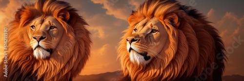 Banner of Two lions from a pride. They emanating a sense of strength and dominance. Dramatic sky with vibrant colors and contrasting tones with intense oranges  purples  and golden hues. Generative AI