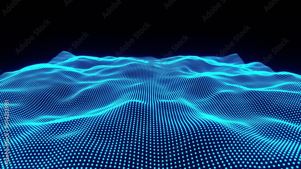 Abstract blue wave dots on black background. Landscape, background ...