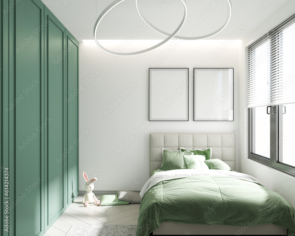 2 large blank white poster frames white bedroom wall green wardrobe, round lamp, bed, pillows, blankets, rugs and dolls, sunlight from the room window. Shadows on an oak wood floor, 3D rendering.