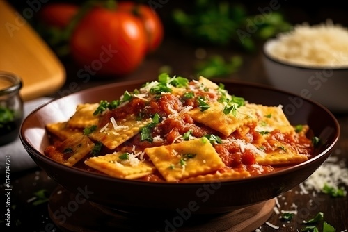 Ravioli with tomato sauce, Steaming hot food (Ai generated)