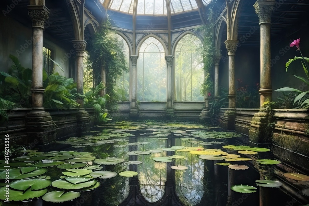 Lotus, lily pond with reflection in pond (Ai generated)
