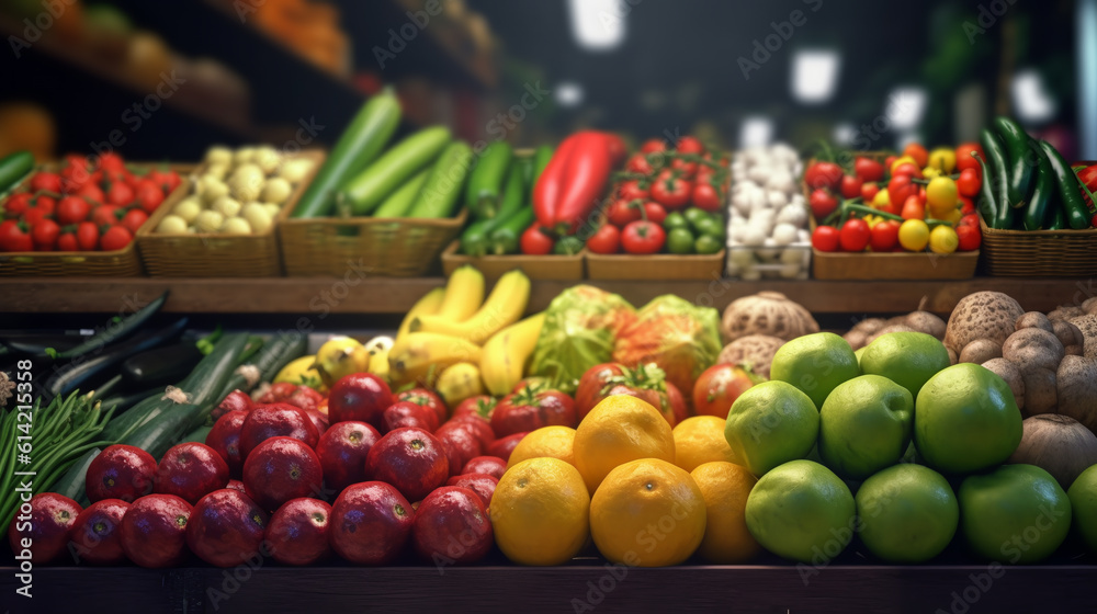 Big fresh fruits and vegetables on the market counter shop. ai generative