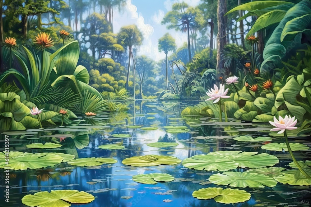 Fototapeta premium Lotus, lily pond with reflection in pond (Ai generated)