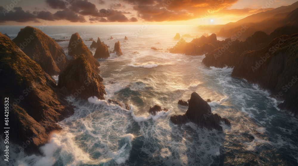 Fototapeta premium Serenity Unveiled: A Captivating Aerial Sunset Over a Rocky Coastline. Generative AI