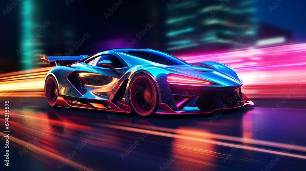 Futuristic Sports Car On Neon Highway. Powerful acceleration of a supercar with colorful lights trails. ai generative