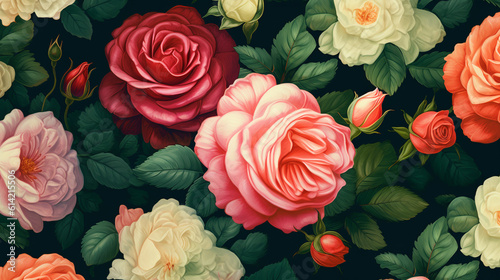 Bright and colorful floral pattern with large blooming roses. ai generative