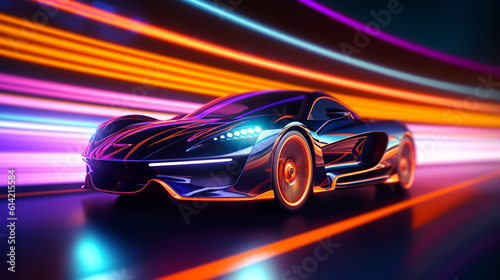 Futuristic Sports Car On Neon Highway. Powerful acceleration of a supercar with colorful lights trails. ai generative