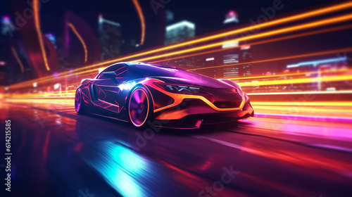 Futuristic Sports Car On Neon Highway. Powerful acceleration of a supercar with colorful lights trails. ai generative