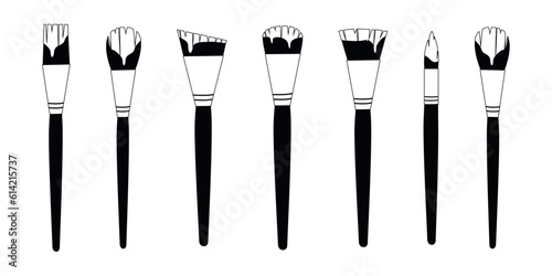 Flat vector painting tools in childish style. Hand drawn art supplies, paint brushes for acrylic, gouache silhouettes