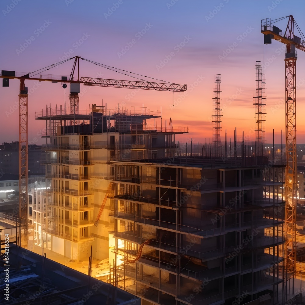 Construction of a multi-storey building with cranes at sunset. Generative AI Construction of a multi-storey building with cranes at sunset. Generative AI