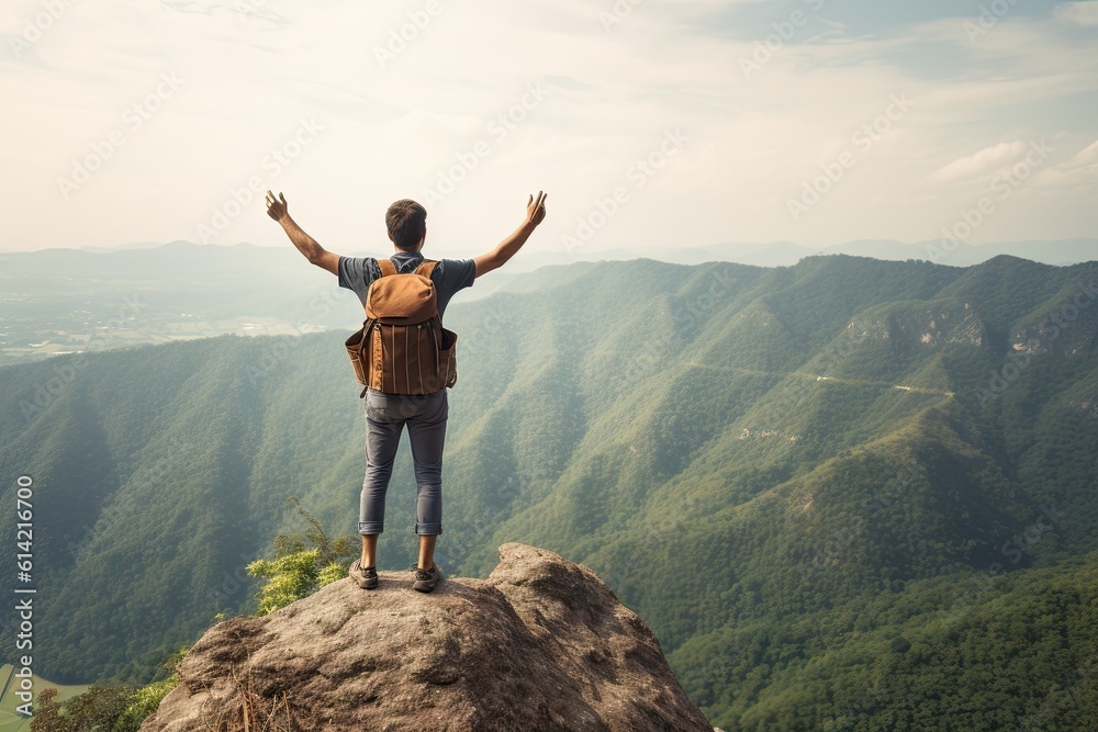 Taste of the Wild. Man on a Thrilling. Backpacker's Adventure in the Mountains Taste of the Wild. Man on a Thrilling. Backpacker's Adventure in the Mountains